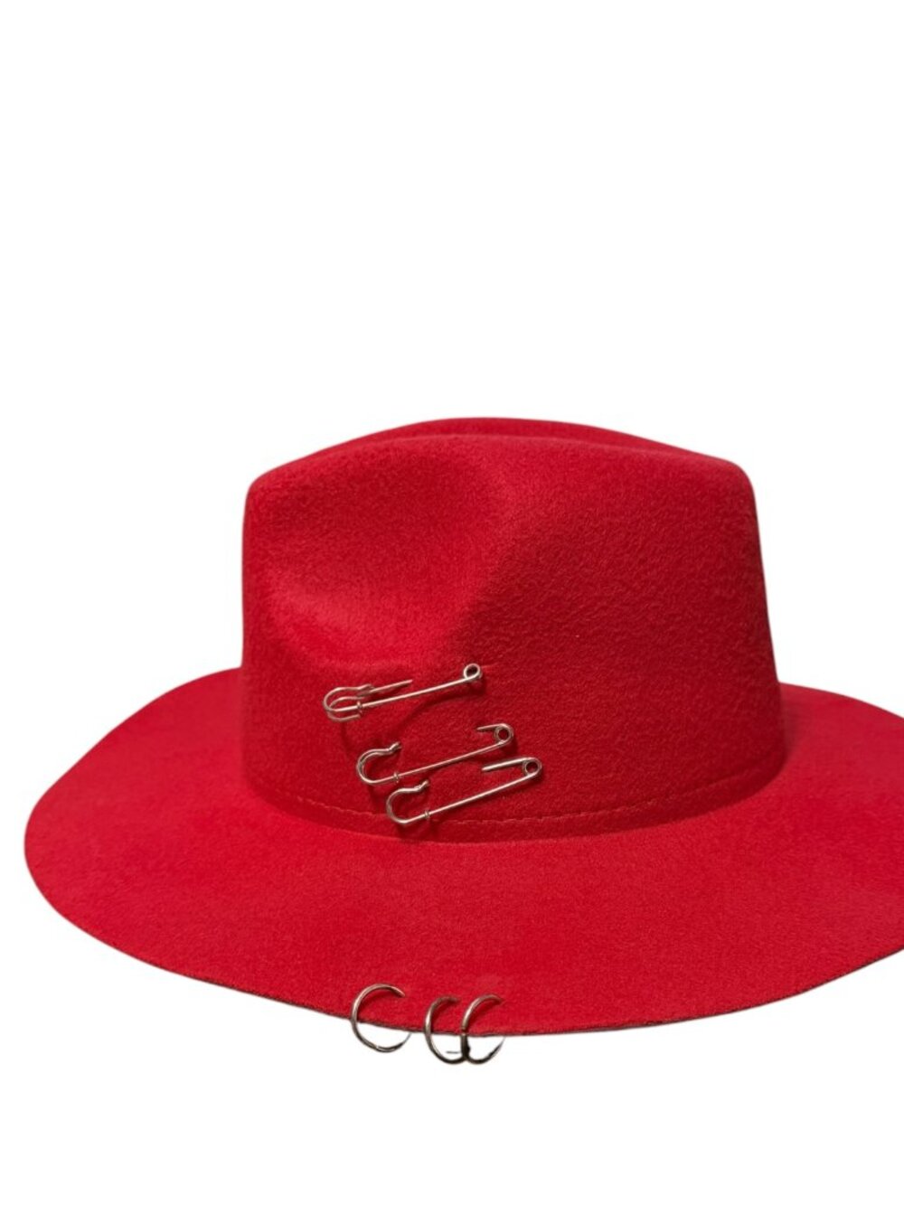 Large Silver Pins O-Rings Red Fedora Hat NWT